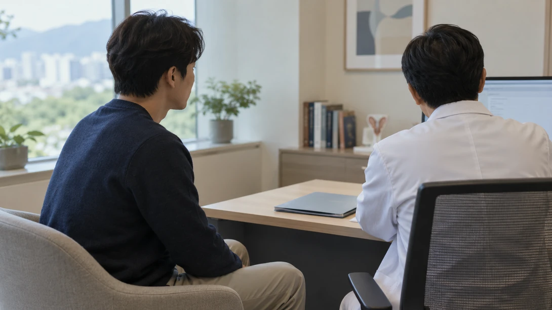 정계정맥류 수술 후 회복 기준을 의료진과 상담하는 실사 장면