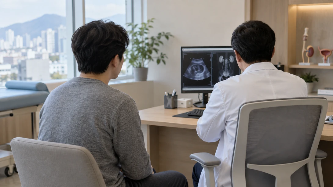요도염 증상과 검사 기준을 의료진과 상담하는 성인 남성의 실사 장면