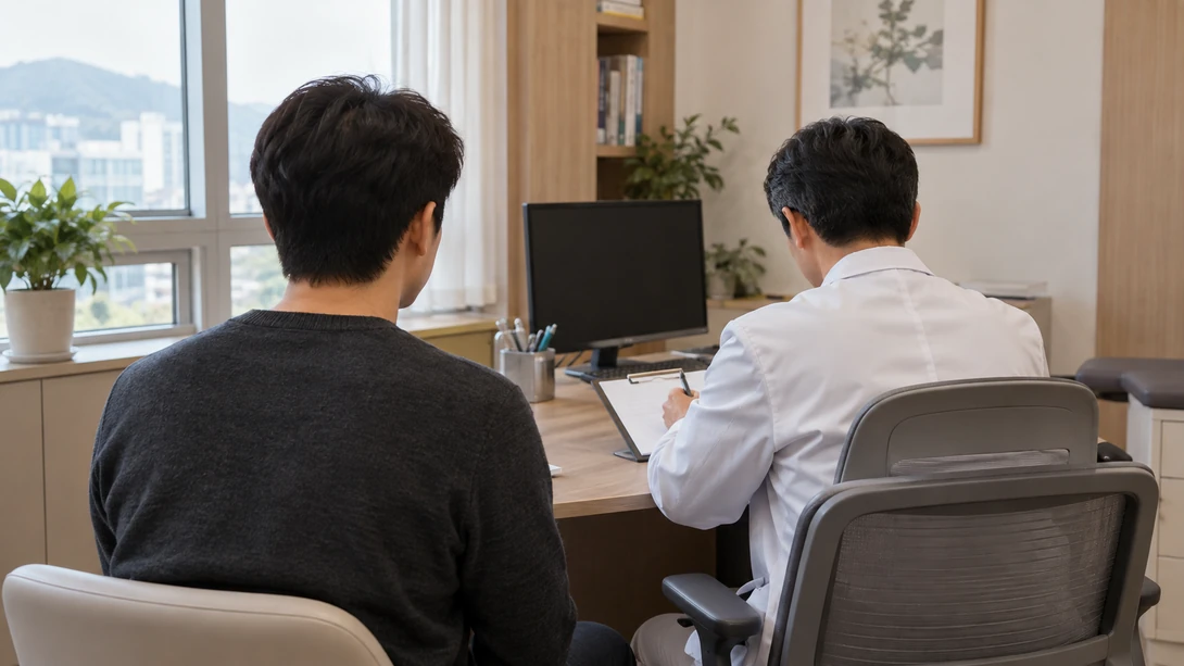 요도염 치료 뒤 증상 기록을 의료진과 재검토하는 실사 장면