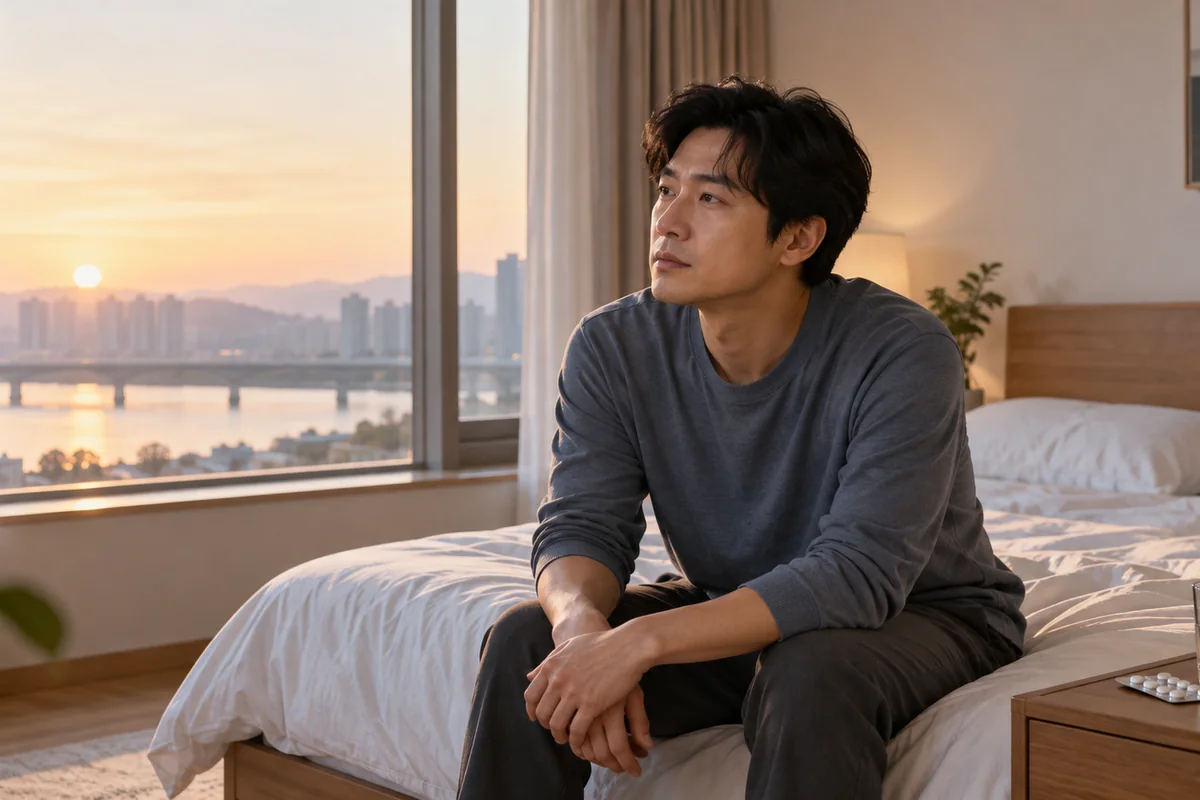 발기약 복용 중 반응과 약 없이 나타나는 반응의 차이를 생각하는 성인 남성의 아침 실사