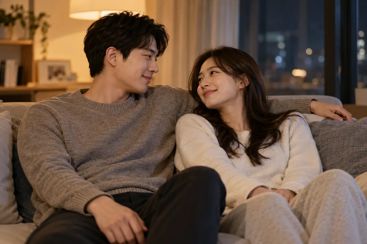 발기약이 친밀한 자극 뒤 몸의 반응을 돕는 맥락을 보여 주는 성인 부부의 편안한 실사
