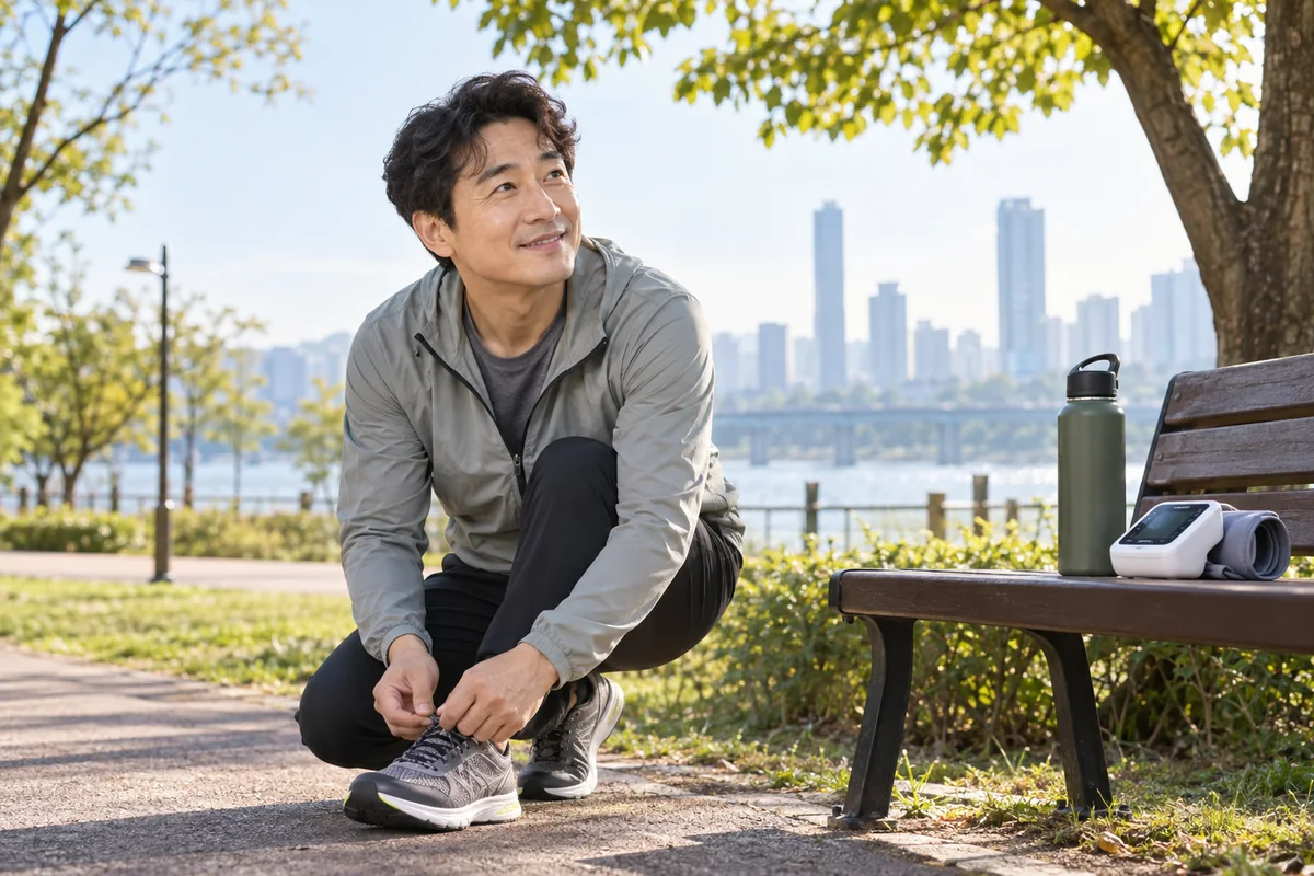 운동과 혈압 관리를 통해 발기 반응의 복합 원인을 살피는 성인 남성의 실사