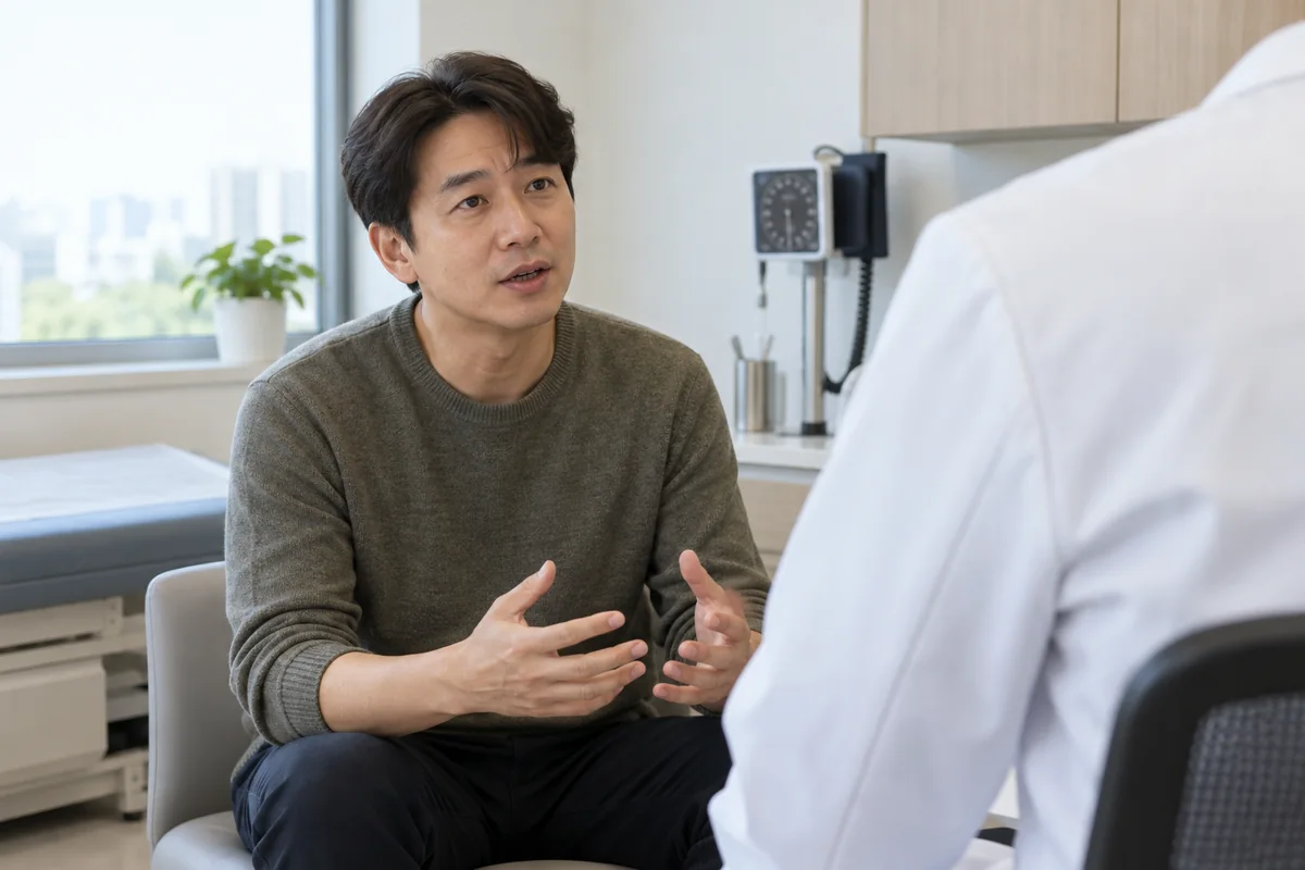 발기약 효과와 원인을 상담하는 환자와 머리가 보이지 않는 의료진의 뒷모습 실사