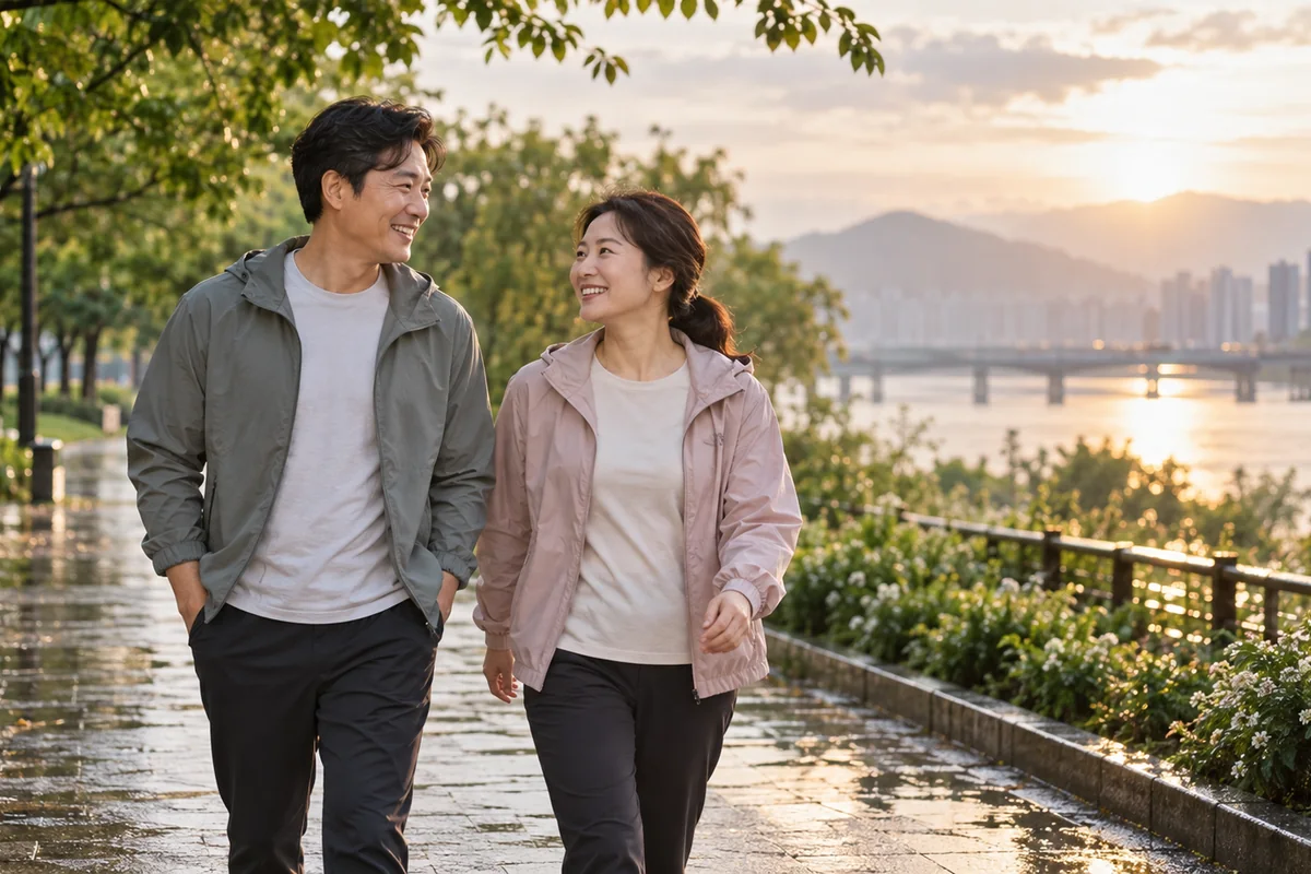 약 사용 횟수보다 편안한 일상 회복을 상징하는 성인 부부의 아침 산책 실사